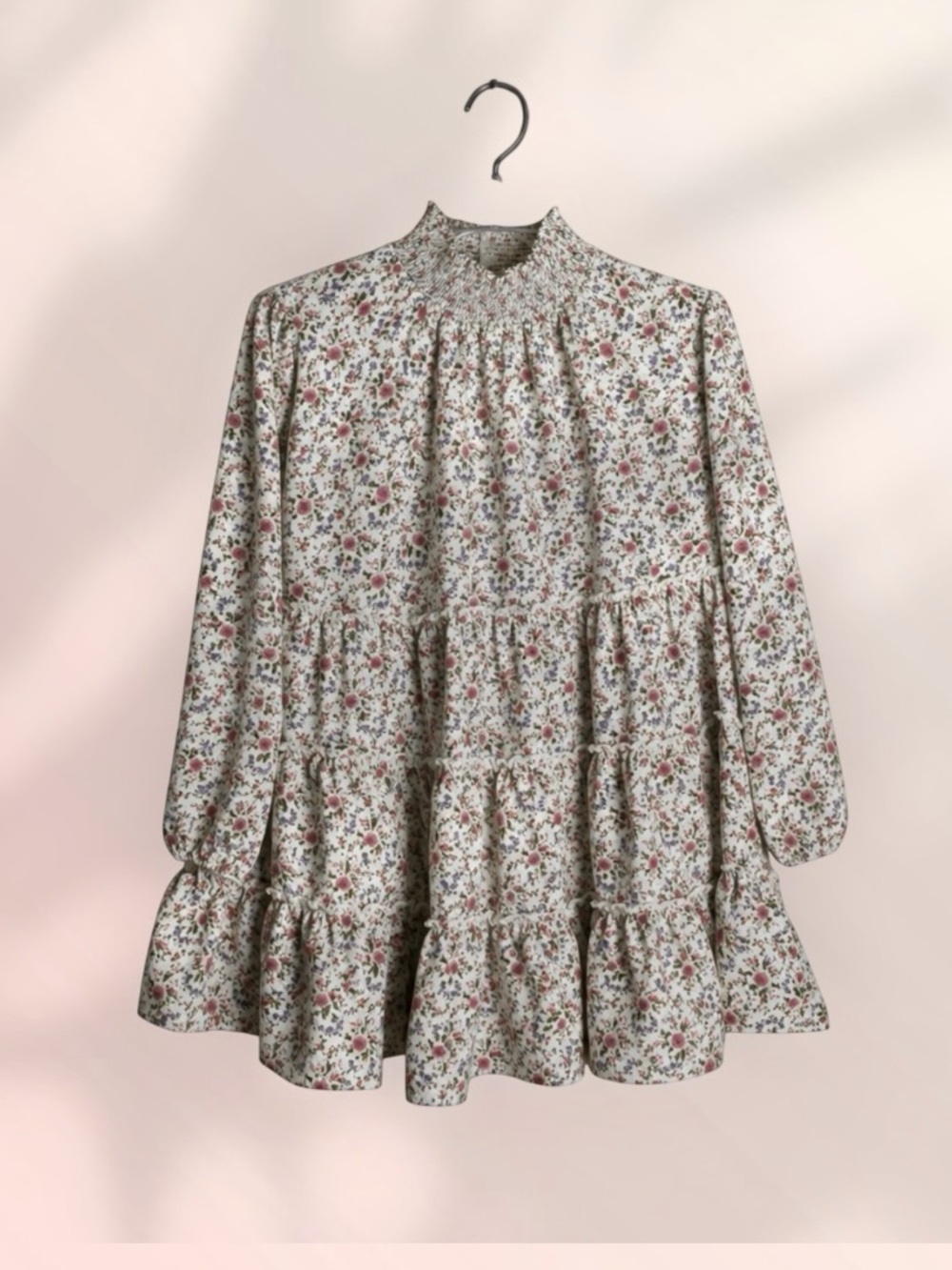 Ces Femme Floral Tiered Tunic Blouse Smocked Neck Long Sleeve Top